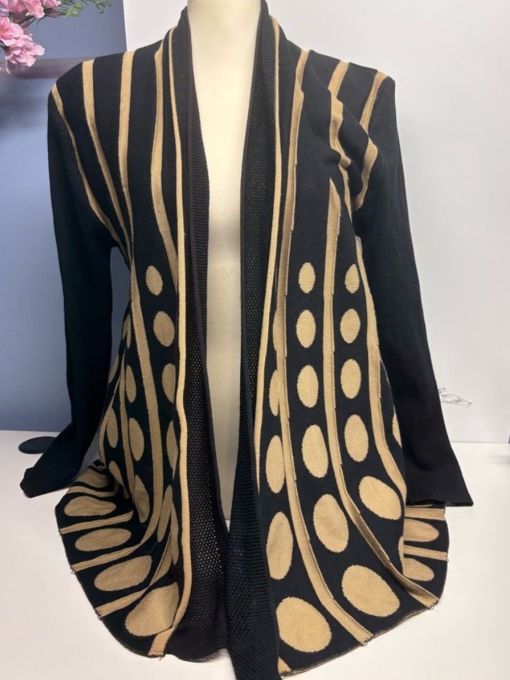 Model France Contrast Duster Cardigan Sweater Black Tan Polka Dot Stripe L - Picture 2 of 4